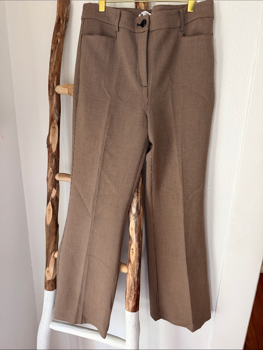 LOFT Brown Tan Check Plaid Stretch The Sutton Flare Ponte Knit Fall Trousers 10